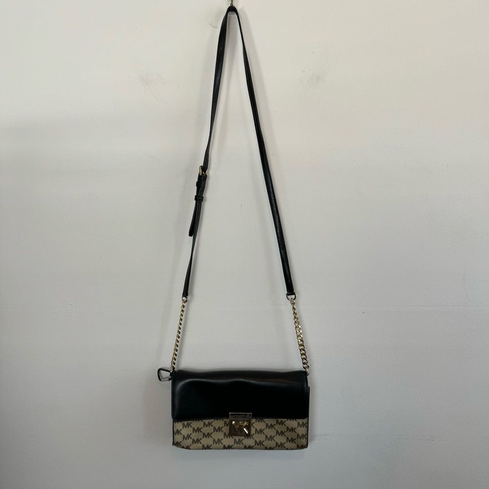 Michael Kors Crossbody Bag Black Brown MK Logo Leather Gold Chain Shoulder Bag - Picture 2 of 11